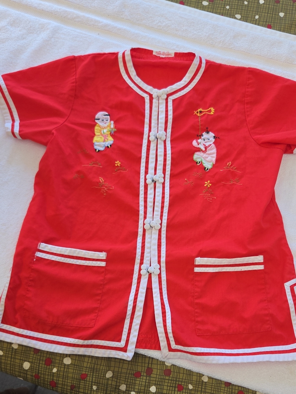 Red Embroidered Button-Front Shirt with White Trim
